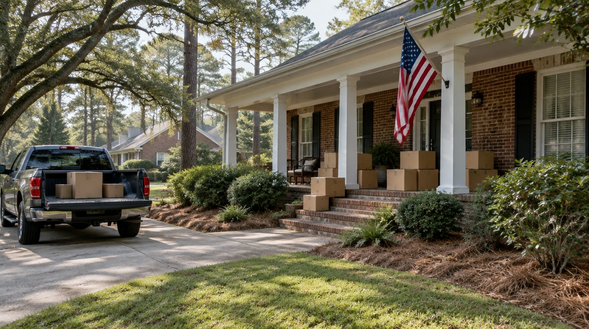Moving boxes stacked on the porch of a brick home with an American flag, a pickup truck in the driveway