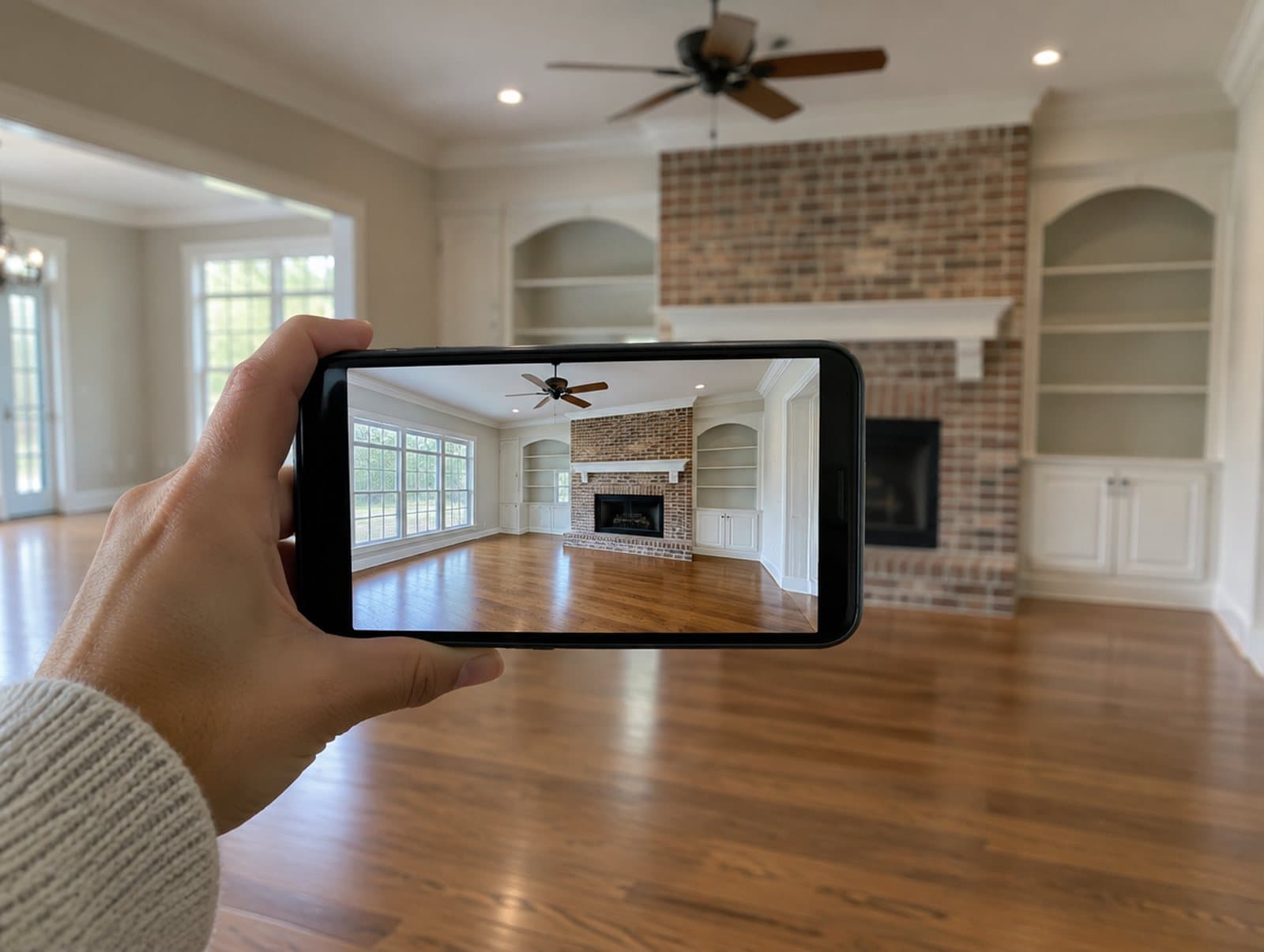 A phone streaming a live video tour of a living room with a brick fireplace