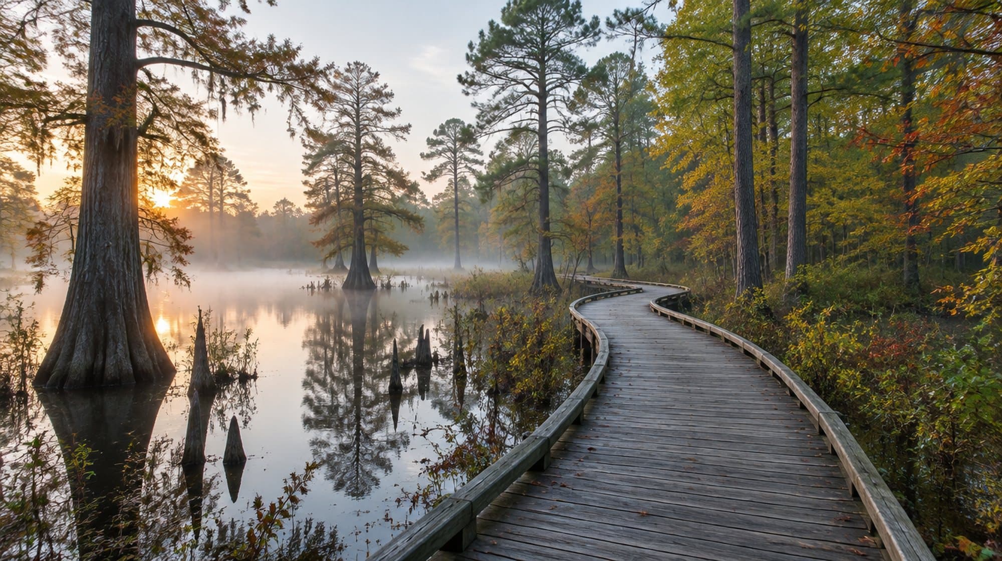 A boardwalk trail through a cypress wetland at sunrise