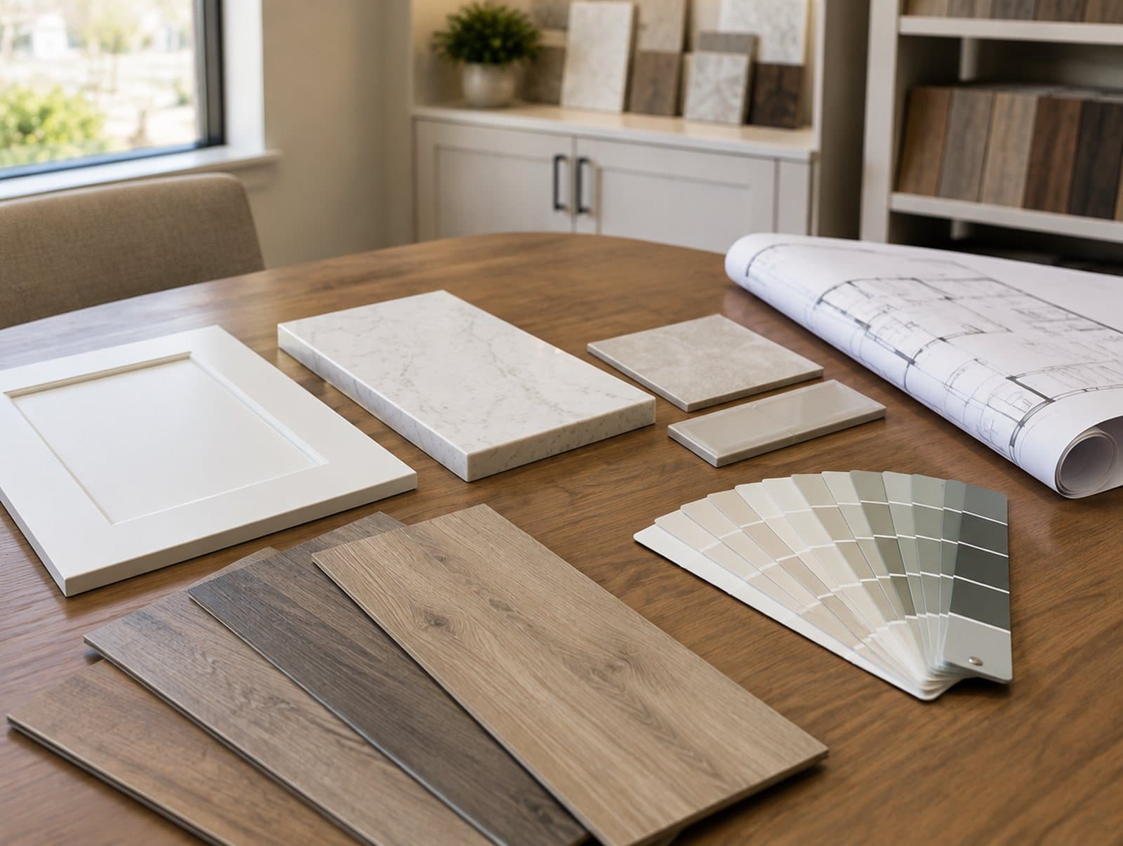 Cabinet, countertop, flooring and paint samples at a builder's design center