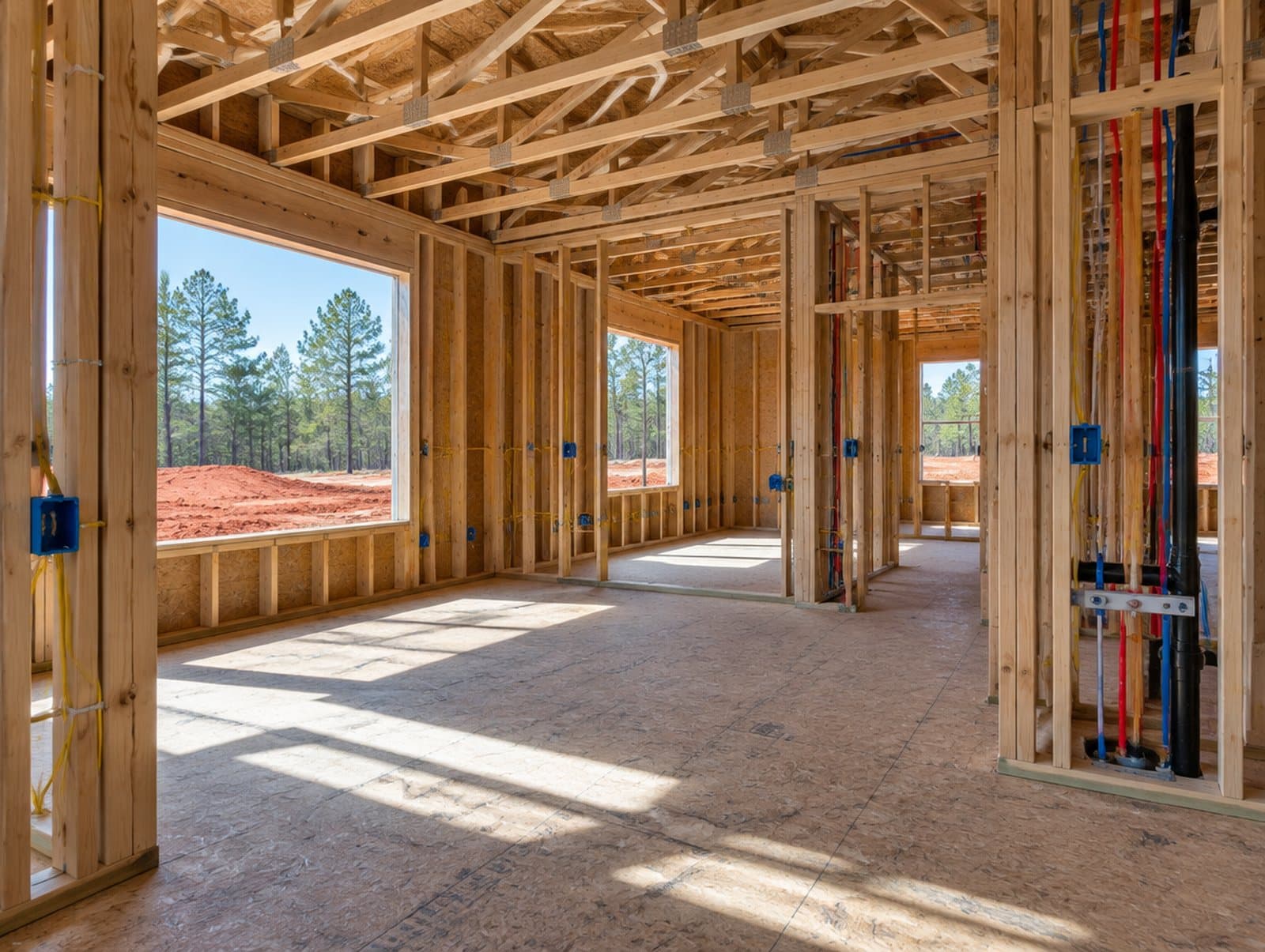 A new home at the framing stage with wiring and plumbing visible before drywall