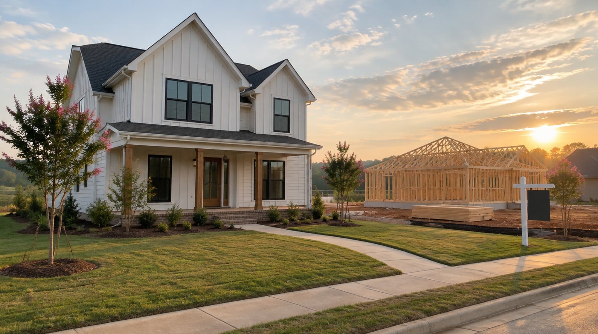 A newly finished white farmhouse-style home beside a house being framed in a new subdivision
