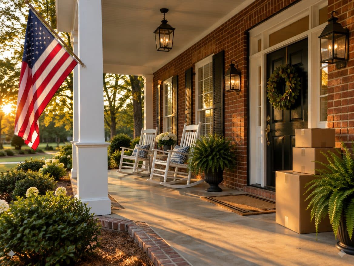 Brick porch with an American flag, white rocking chairs and moving boxes by the front door