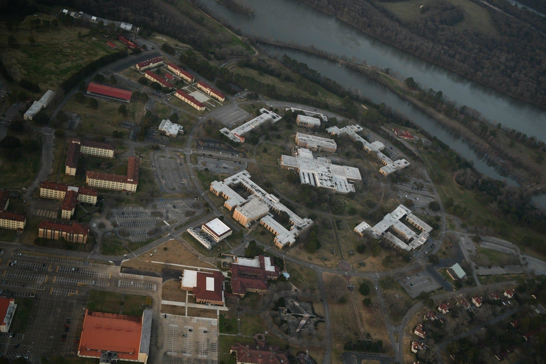 Aerial view of the Air University campus at Maxwell AFB with the Alabama River beyond
